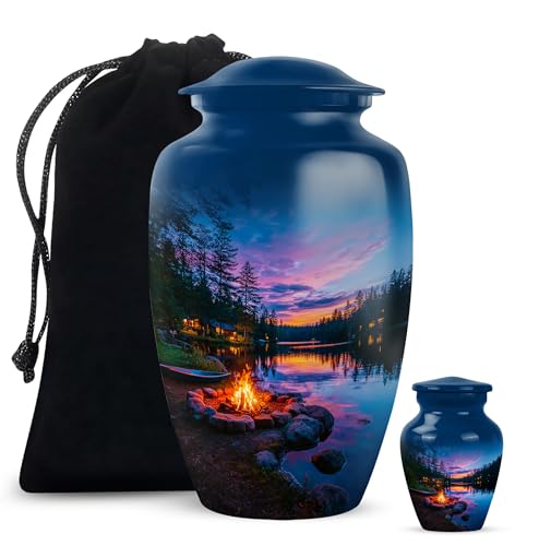 Memorial Urns for Human Ashes, Campfire Keepsake Urn for Ash, Adult Funeral Remains, Decorative Gift for Male & Female, Combo, 10 Inch Large & 3 Inch Small - color: Campfire 4, size: 10"+3"Combo-1