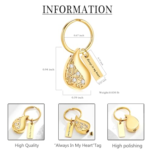 zeqingjw Cremation Jewelry Teardrop Urn Keychain for Ashes Tree of Life Urn Ashes Cremation Memorial Keepsake Keychain - color: Gold