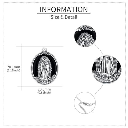 YAFEINI Virgen De Guadalupe Necklace 925 Sterling Silver Mother Mary Necklace Virgencita Jewelry Thanksgiving Day Gifts for Women - style: Black Onyx