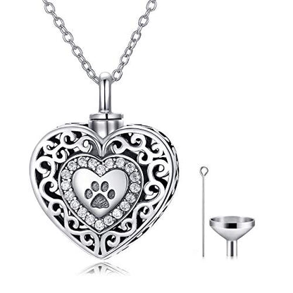 Filigree Dog Paw Urn Locket Necklace 925 Sterling Silver Print Pet Urn Necklace for Ashes Engraved Personalized Cremation Jewelry Pictures Keepsake Memorial Gifts for Women Men - style: A Filigree Paw Print