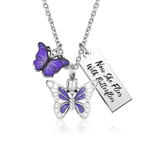 Turtle Angel Dog Butterfly Cremation Jewelry for Ashes Stainless Steel Urn Necklace Ash Holder for Women Men - style: Purple Butterfly