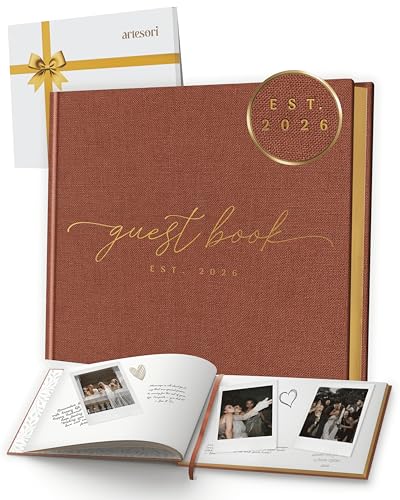 Est. 2026 Elegant Guest Book with 100 Blank Pages — Linen Gold-Foiled Guestbook to Sign for Special Events: Wedding, Baby Shower, Birthday Party — Hardcover Guest Book to Insert Photos & Polaroids - color: Terracotta, size: Est. 2026
