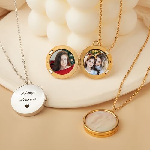 Anavia Personalized Photo Locket Necklace, Mother of Pearl Shell Handmade Custom Engraved Gold Plated Stainless Steel Pendant Necklace Jewelry Gift for Her Women Mother - color: Gold, size: Round