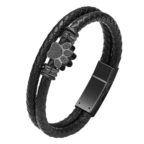 Paw Print Urn Bracelet for Ashes for Women Men Leather Wristband Bangle | stainless steel & leather, 4 sizes for men & women, leak-proof urn design, holds ashes & keepsakes, memorial gift - color: Black-22cm