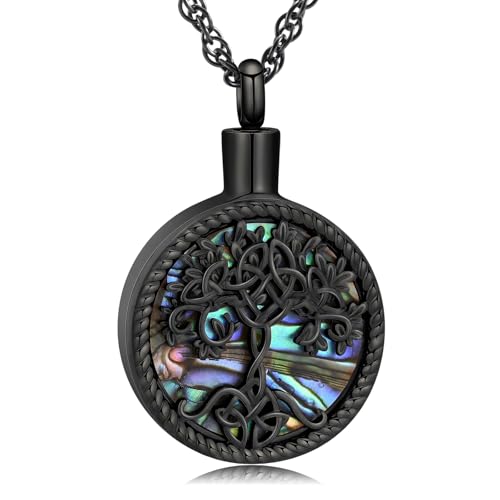 shajwo Cremation Jewelry Tree of Life Urn Ashes Necklace for Women Men Abalone shell Ash Pendant Keepsake Memorial Jewelry of Loved One - color: Black