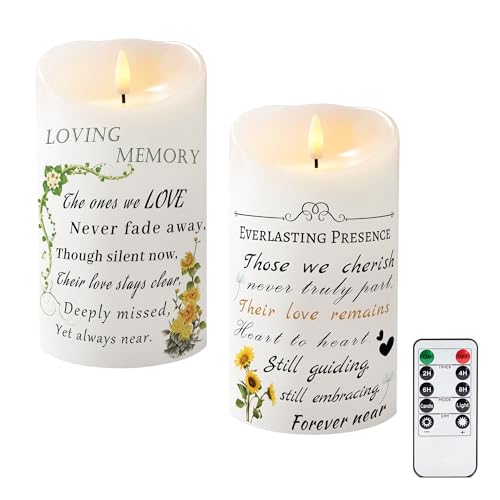 LED Memorial Candle, 7 Inch Large Sunflower Sympathy Gift 2 Pack | Real wax flameless pillar candle, remote & 24H timer, fits memorial lanterns, condolence card included, AA battery operated