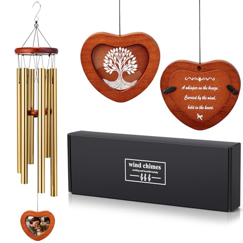 32'' Memorial Wind Chime with Wooden Photo Frame - Personalized Wind Chimes for Loss of Family, Friend, or Pet, Deep Tone Sympathy Chimes for Indoor or Outdoor Decor, Garden, Patio Memorial - Gold - size: C-32" Gold