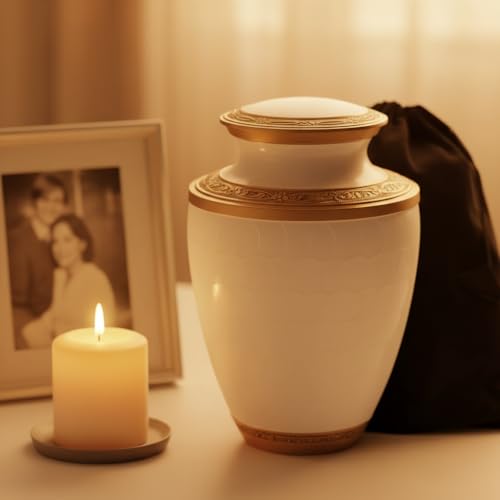 Family Tribute Eco-Friendly White & Gold Cremation Urn for Ashes Set – Large Adult Funeral Urn (220lbs) with 1 Memorial Necklaces (White & Gold Large Urn, URN Set) - color: White & Gold Large Urn