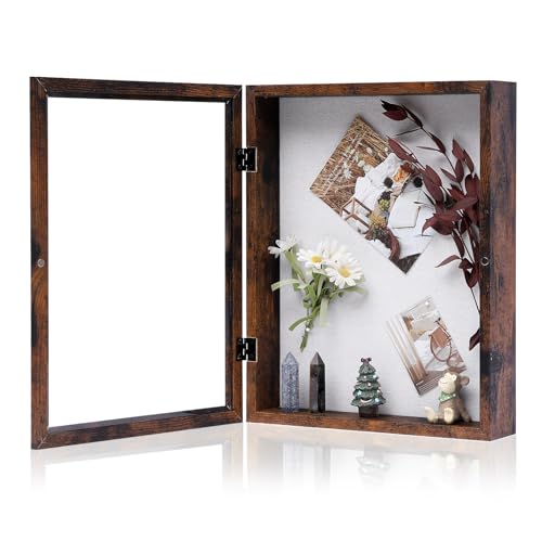 Muzilife 11x14 Shadow Box Picture Frame, 2.16 Deep, HD Glass, Honey Brown | FSC-Wood, Magnetic Door, Linen Interior & Pins, Vertical, Horizontal Wall Hanging, Display Case Frame for Photos & Keepsakes - color: Honey Brown, size: 11x14