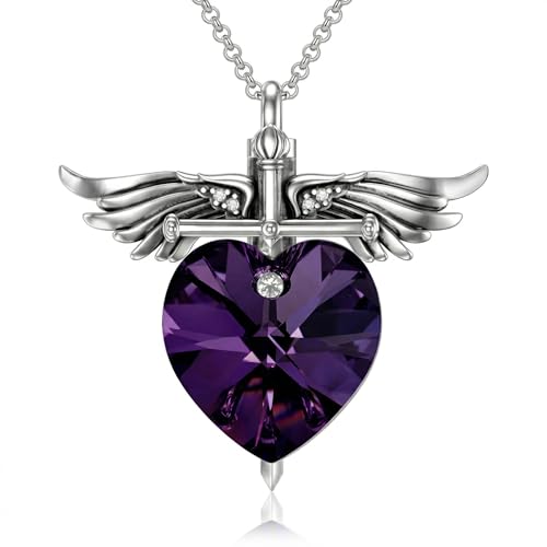 SOULMEET Memorial Wings Necklace for Ashes with Large Heart Crystal Birthstone, Angel Wings Urn Necklaces with Heart Shaped Birthstone Keepsake Silver Cremation Jewelry - style: F-June
