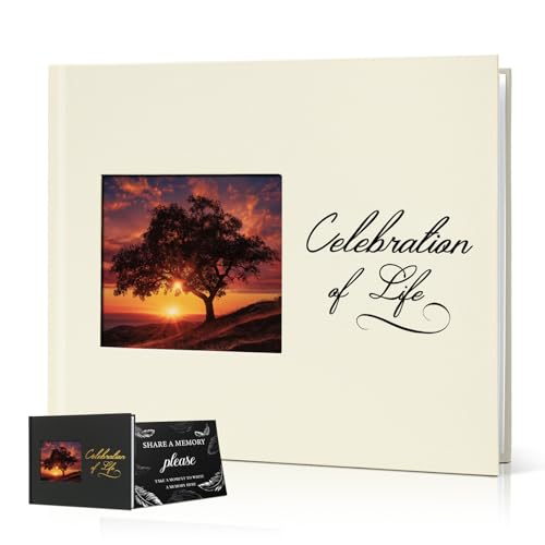 Funeral Guest Book, Celebration of Life GuestBook with Photo Slot | 330 Entries, Table Sign Card Included, Gold Stamping, Twill-Textured Paper Cover, in Loving Memory Keepsake, 9x7.5", Beige - color: Beige-c