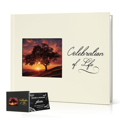 Funeral Guest Book, Celebration of Life GuestBook with Photo Slot | 330 Entries, Table Sign Card Included, Gold Stamping, Twill-Textured Paper Cover, in Loving Memory Keepsake, 9x7.5", Beige - color: Beige-c