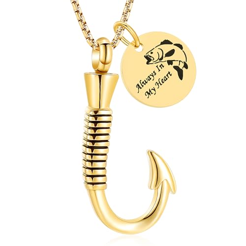 Oinsi Fishing Hook Urn Necklace for Ashes Fish Cremation Jewelry Memorial Ashes Keepsake Stainless Steel Urn Keychain for Men - color: Gold (Always In My Heart)