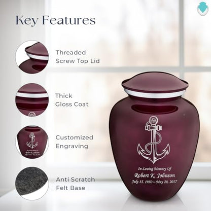 Adult Personalized Anchor Cremation Urns for Human Ashes I Large Cherry Purple Funeral Urn for Men and Women I 200 lbs - color: Cherry Purple