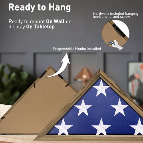 ASmileIndeep Flag Display Case - 5' x 9.5' Funeral & Military Flag Shadow Box with HD Tempered Glass and Wall Mount, Folded Triangle Flag Holder Frame for Veterans, Rustic Wood - size: For 5' x 9.5' Flag-Rustic Wood