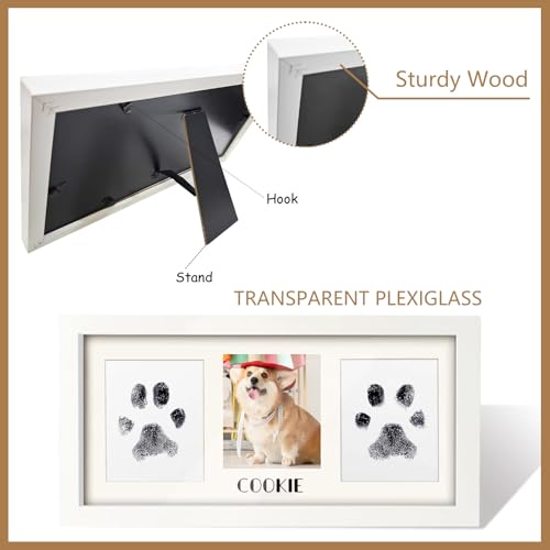 Paw Print Frame Kit for Dog Cat & Baby, Extra Large Wooden Memorial Frame, Inkless Pad & Soft Clay Impression Kit with Tool, Black (White) - color: white