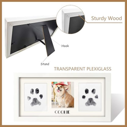 Paw Print Frame Kit for Dog Cat & Baby, Extra Large Wooden Memorial Frame, Inkless Pad & Soft Clay Impression Kit with Tool, Black (White) - color: white