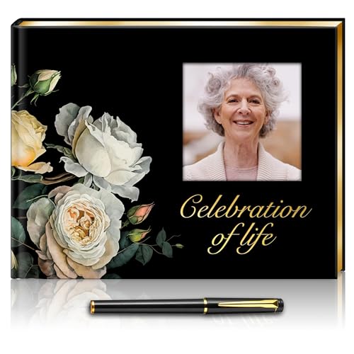 Celebration of Life Guest Book for Funeral or Memorial 9"x7", Hardcover Cardboard Floral Remembrance Book w/Sign In Poster, Gold Foil, Photo Window, Memory Keepsake for Loved Ones, Black & White Roses