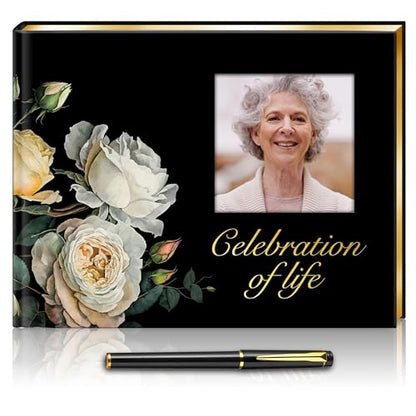 Celebration of Life Guest Book for Funeral or Memorial 9"x7", Hardcover Cardboard Floral Remembrance Book w/Sign In Poster, Gold Foil, Photo Window, Memory Keepsake for Loved Ones, Black & White Roses