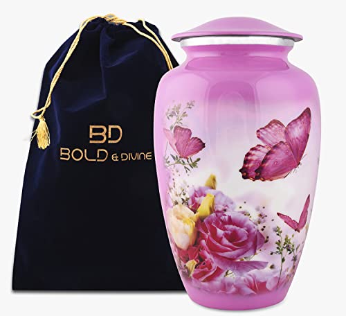 BOLD & DIVINE Butterfly Theme Cremation Urns | Decorative Urns for Human Ashes of Female & Male, Urns for Ashes, Funeral Urns (Pink, Large) - color: Pink, size: Large (Single)