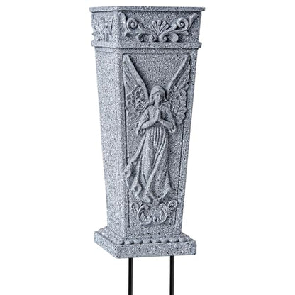 Cemetery Vases, Grave Memorial Vase with Spike, Resin Angel Flowers Holder for Cemetery, Headstone, Grave, Garden, Lawn, Yard Decorations (1Pc, Grey), Flower is not Included.