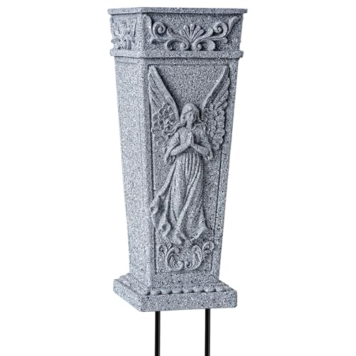 Cemetery Vases, Grave Memorial Vase with Spike, Resin Angel Flowers Holder for Cemetery, Headstone, Grave, Garden, Lawn, Yard Decorations (1Pc, Grey), Flower is not Included.