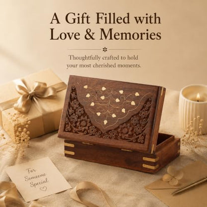 Ajuny Wooden Jewellery Box Brass Inlay Hand Carved Keepsake Chest 8x5