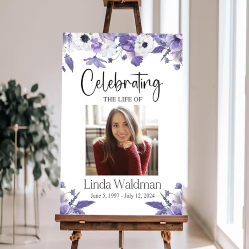 Personalized Photo Funeral Sign - Purple Floral Celebration Of Life Photo Sign - In Loving Memory Sign - Celebration Of Life Banner - Large Funeral Sign - Funeral Program - Funeral Decorations - Celebration Of Life Poster - Memory Signs For Funeral - colo