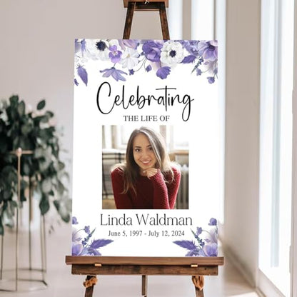 Personalized Photo Funeral Sign - Purple Floral Celebration Of Life Photo Sign - In Loving Memory Sign - Celebration Of Life Banner - Large Funeral Sign - Funeral Program - Funeral Decorations - Celebration Of Life Poster - Memory Signs For Funeral - colo