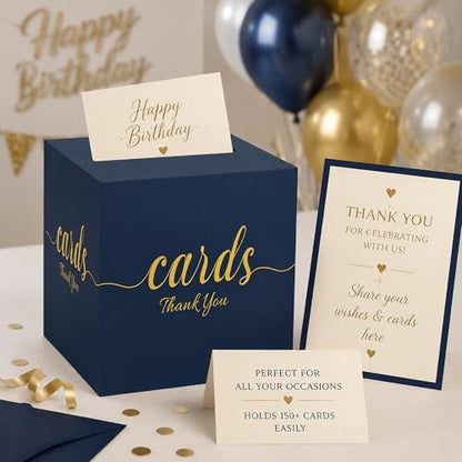 Wedding Card Box with Slot Navy Blue Gold 7.8 in Baby Shower Party | Graduation, Birthday, Bridal Shower, Wedding Reception, Holds Cards & Envelopes, Gift Cards, Easy Assembly, Folds Flat - color: BlueGoldThanks