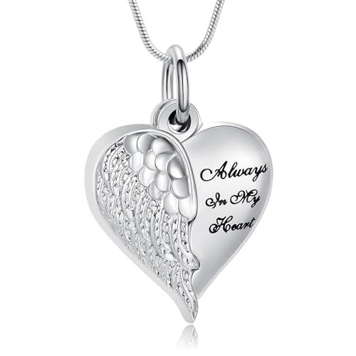 Cremation Jewelry Angel Wing Stainless Steel Heart Urn Necklaces for Ashes Memorial Keepsake Pendant for Women Men - color: Silver-Grandma