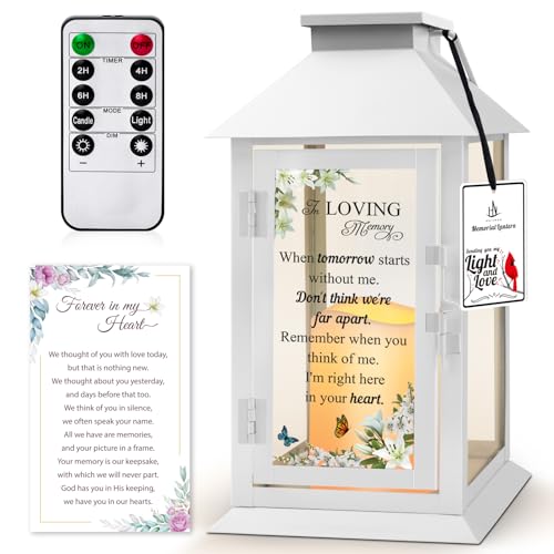Memorial Lantern Bereavement Gifts in Memory of Loved One Memorial Gifts for Loss of Mother Loss of Father Remembrance Sympathy Gifts for Loss of Loved One with LED Candle and Remote - color: When Tomorrow Starts Without Me White