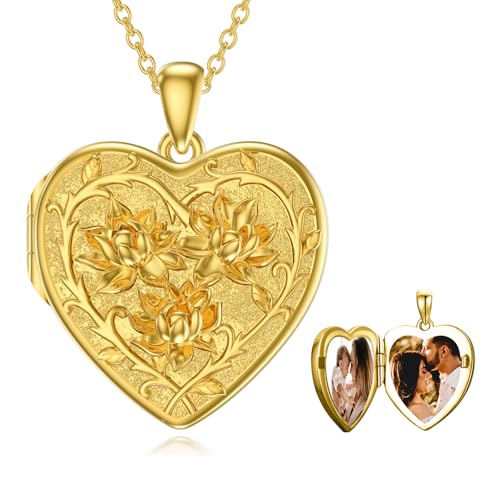 Midari Heart Locket Necklace that Hold 2 Photos Sunflower Picture Locket Pendant Heart Locket Necklace for Women - style: Lotus