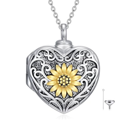 WINNICACA Cremation Jewelry for Ashes Locket Ashes Necklace Urn Necklace for Women Sterling Silver Cremation Necklace for Ashes Fine Keepsake Picture Necklace Memorial Jewelry - style: B03-Sunflower Urn Locket Necklace