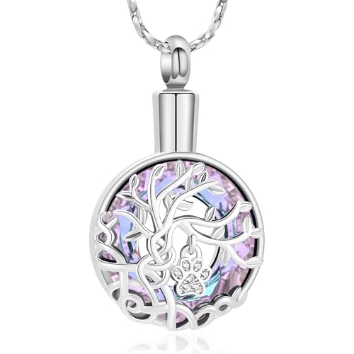 Imrsanl Tree of Life Urn Necklace for Ashes Paw Print Circle of Life Cremation Jewelry Keepsake Pendant Memorial Pet Ashes Holder for Women Men - color: Silver-Purple