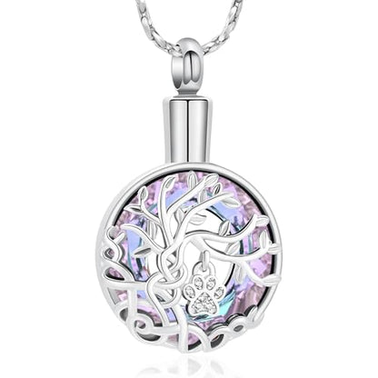 Imrsanl Tree of Life Urn Necklace for Ashes Paw Print Circle of Life Cremation Jewelry Keepsake Pendant Memorial Pet Ashes Holder for Women Men - color: Silver-Purple