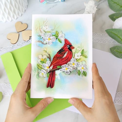 KingKraft Quilling Card- Handcrafted Greeting Card for All Occasions, Cardinal and Dogwood Card for Birthday, Anniversary, Thinking of You, Get Well, Valentines Day, Mothers Day Card, Blank Inside - color: Cardinal