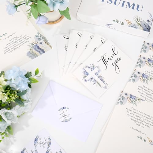 FYSUIMU 50Pcs Funeral Thank You Card Cross Flower Sympathy Boxed Thank You Card with Sticker Envelope Blue Floral Bereavement Cards for Memorial Service Loved Ones Celebration of Life