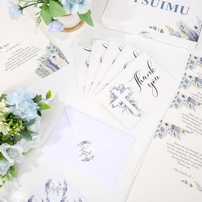 FYSUIMU 50Pcs Funeral Thank You Card Cross Flower Sympathy Boxed Thank You Card with Sticker Envelope Blue Floral Bereavement Cards for Memorial Service Loved Ones Celebration of Life