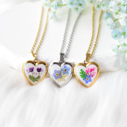 Heart Locket Necklace That Holds Pictures Pressed Flower Photo Locket Pendant Necklace for Girl Women Gift for Her - style: purple baby‘s breath