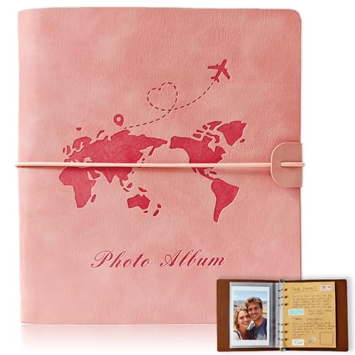Photo Album 4x6, Leather Scrapbook Album with 50 Photos and 20 Writing Paper, DIY 6 Ring Binder Photo Album for Wedding Kids Birthday Family Travel (Pink) - color: Pink