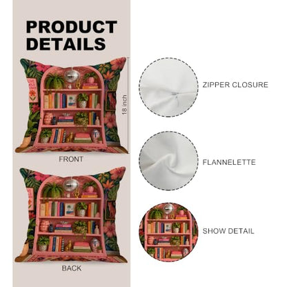 Maximalist Pink Bookish Book Tropical Pillow Cover 18x18 Double-Sided - color: Bookish