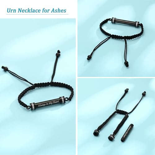 Hearbeingt Cylinder Cremation Bracelet for Ashes Adjustable Rope Urn Bangle - color: C-Black Always in my Heart