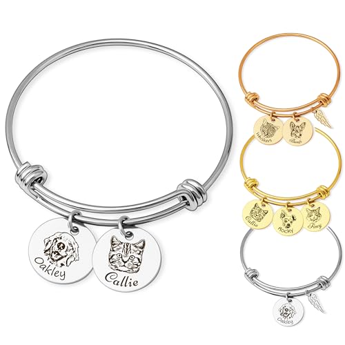 Anavia 1/2/3/4 Disc Pet Portrait Bangle Bracelet, Personalized Pet Memorial Expandable Charm Bracelet Jewelry Gift, Customized Round Disc Photo Engraved Dog Cat Bracelet for Animal Lovers - color: Silver, size: Large - 2 Disc