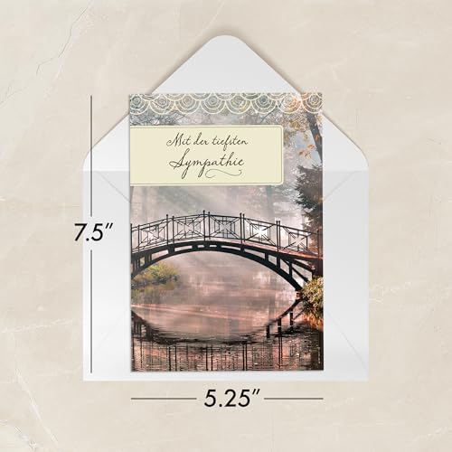 Designer Greetings German Language Sympathy Cards 6 Pack | Boxed Card Set, Matching Envelopes, Foil and Glitter Details - style: 6 PK German Sympathy - Bridge on River