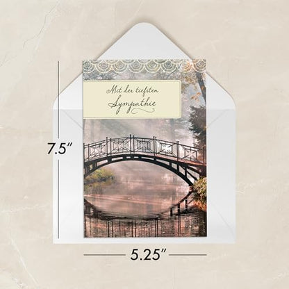 Designer Greetings German Language Sympathy Cards 6 Pack | Boxed Card Set, Matching Envelopes, Foil and Glitter Details - style: 6 PK German Sympathy - Bridge on River