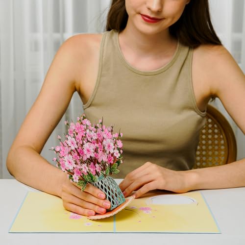 Paper Love Flower Bouquet Pop Up Card, Cherry Blossom Keepsake Gift for Women, Mom Birthday, Wife Anniversary, Friends Wedding, Daughter Graduation, Get Well Soon, Thank You, Mother Day, Valentines Day, All Occasion - Large 10x7 Cards w/ Envelope and Note