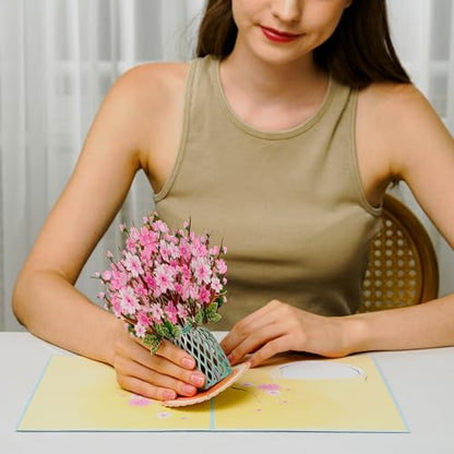 Paper Love Flower Bouquet Pop Up Card, Cherry Blossom Keepsake Gift for Women, Mom Birthday, Wife Anniversary, Friends Wedding, Daughter Graduation, Get Well Soon, Thank You, Mother Day, Valentines Day, All Occasion - Large 10x7 Cards w/ Envelope and Note