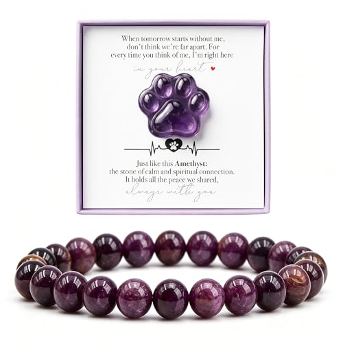 LINGYUAN Amethyst Pet Memorial Gift Set, Natural Paw Print Stone with 6mm Bracelet, Sympathy Keepsake Card for Loss of Dog or Cat - color: Amethyst Memorial Gift Set