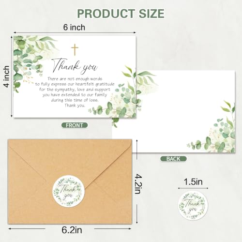 50 Pack Funeral Thank You Cards with Envelopes, Message Inside | 4x6In Thank You Cards for Funeral, Cross & Eucalyptus Design, Sympathy Bereavement Thank You Cards, Thank Family/Friends